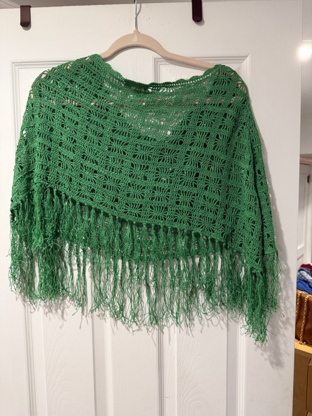 Green Crocheted Fringe Shawl